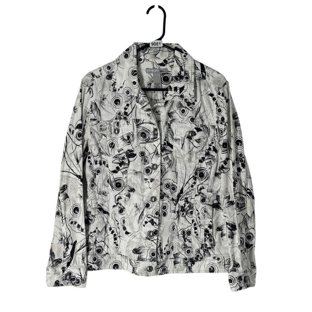 Chico's Platinum Denim Jacket Women's 2 Black White Abstract Print Trucker - Picture 1 of 7